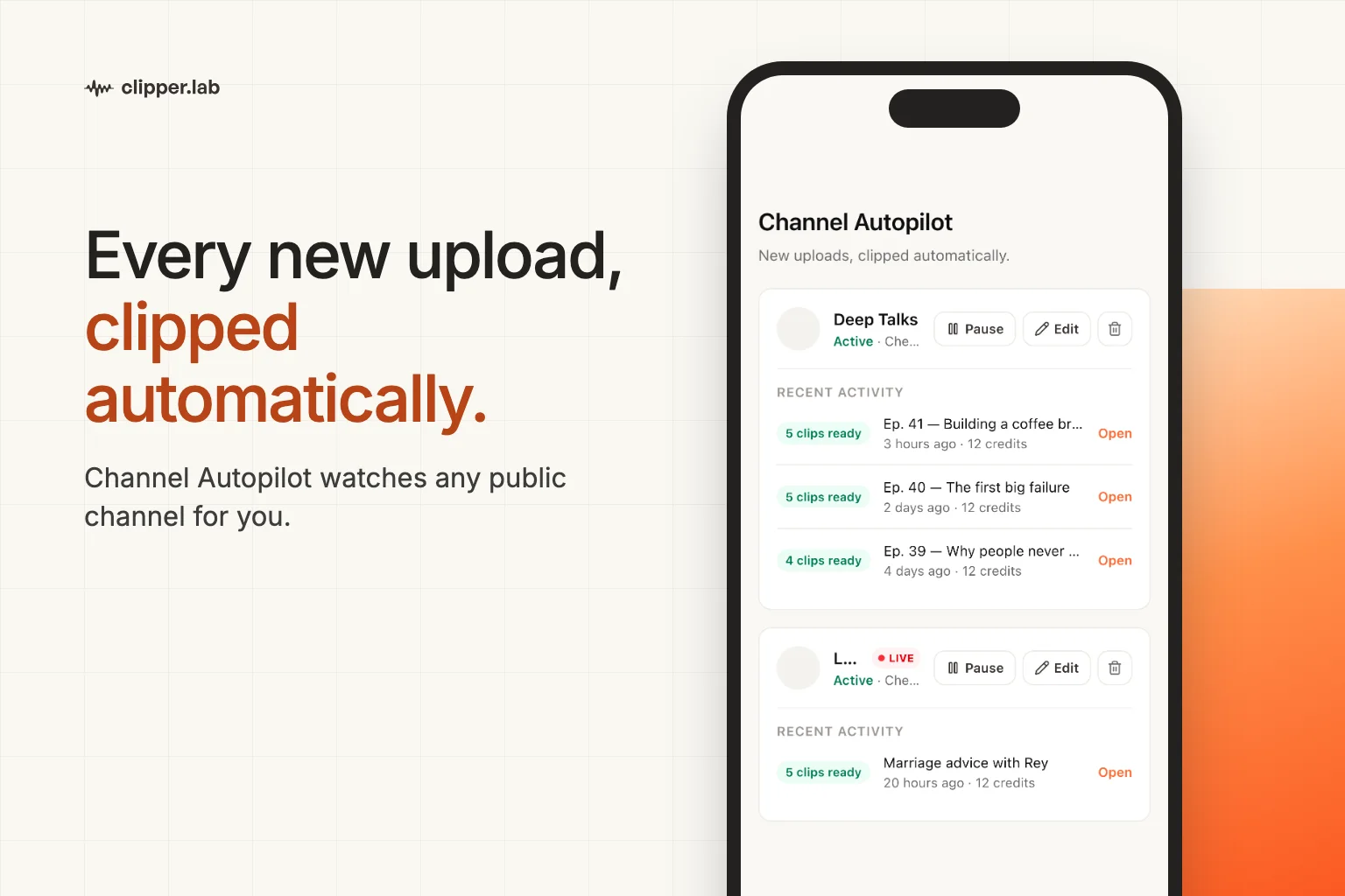ClipperLab Channel Autopilot on a phone, listing channels and the clips made from their recent uploads