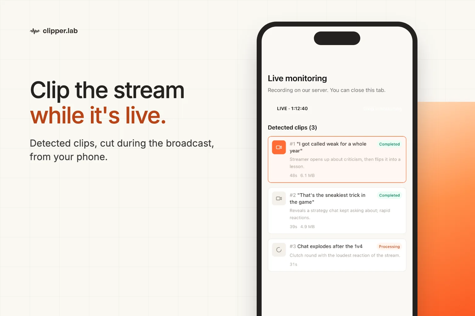 ClipperLab live monitoring on a phone, listing clips detected during a stream