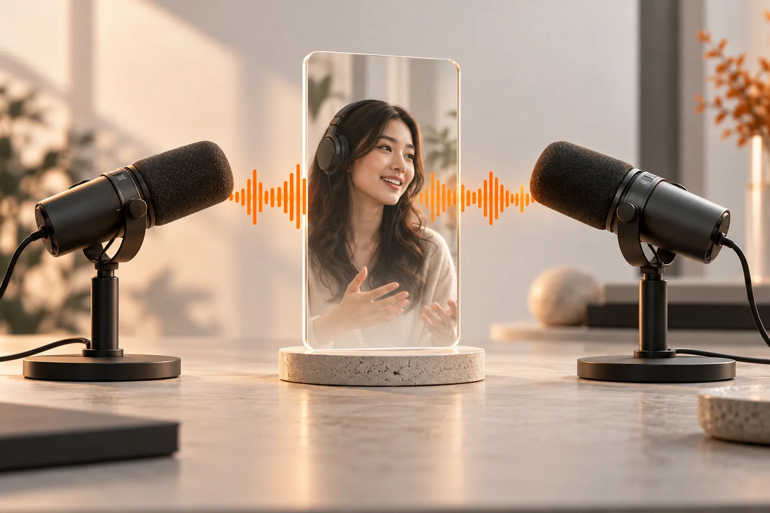 Podcast microphones and a vertical video frame