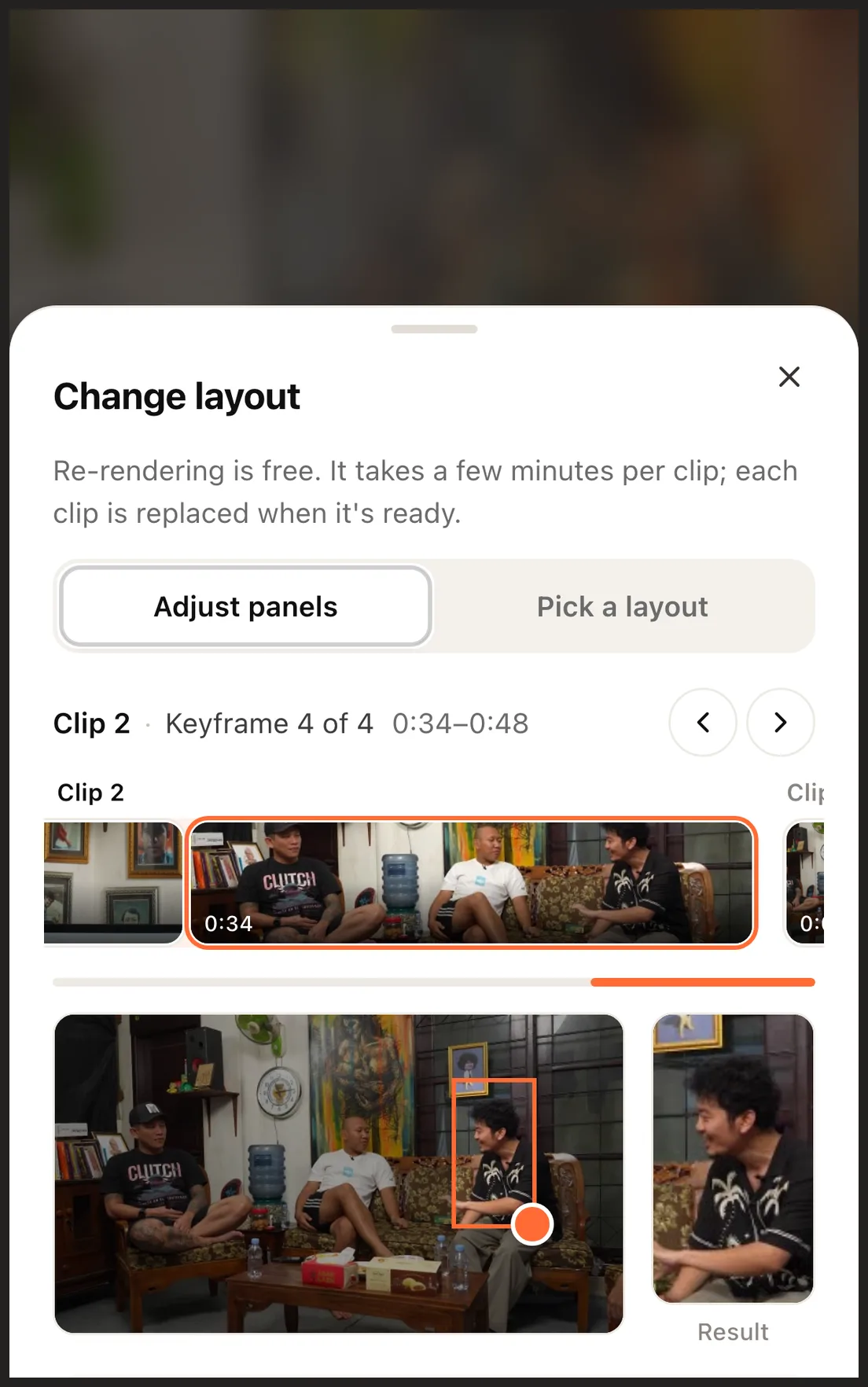Adjust panels: a filmstrip of keyframes per clip, the selected keyframe with a draggable orange box, and the resulting vertical frame beside it