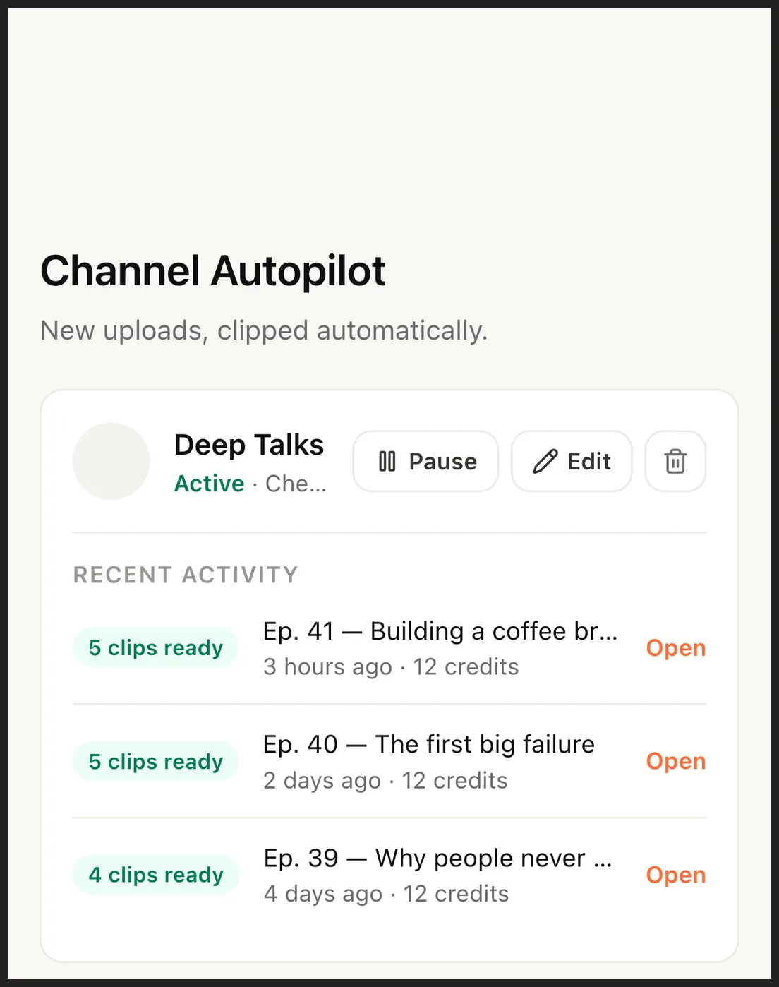 Channel Autopilot listing two active channels and the recent uploads that were clipped, with the number of clips ready for each