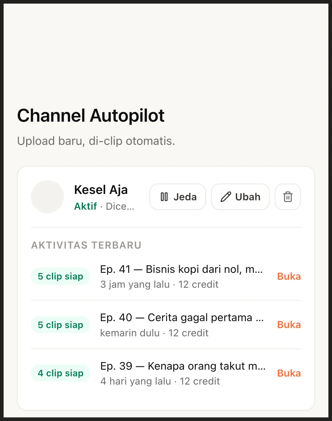 Channel Autopilot menampilkan dua channel aktif dan upload terbaru yang sudah di-clip, dengan jumlah clip siap untuk tiap video