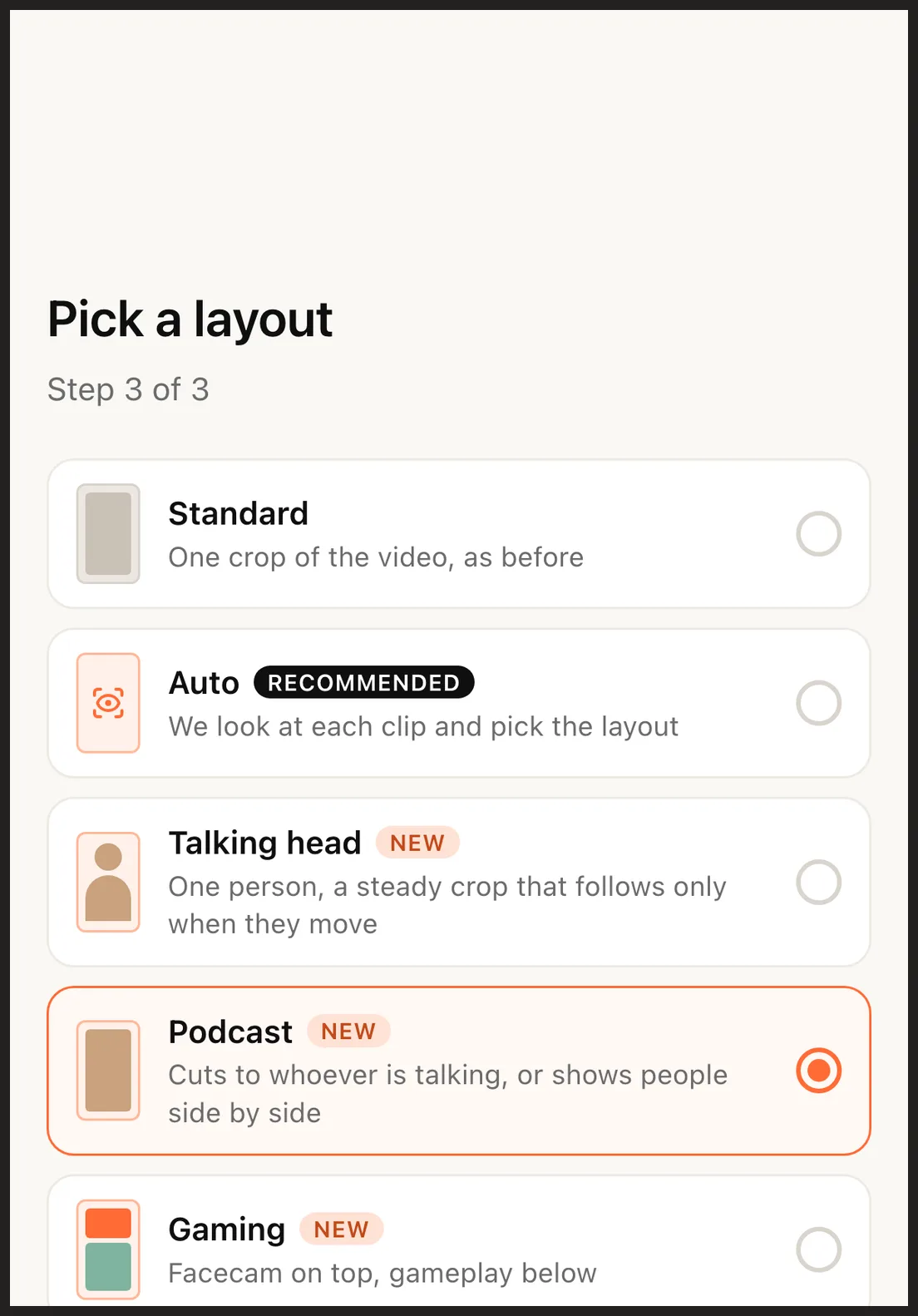 The layout picker with Podcast selected and the speaker count and style options below
