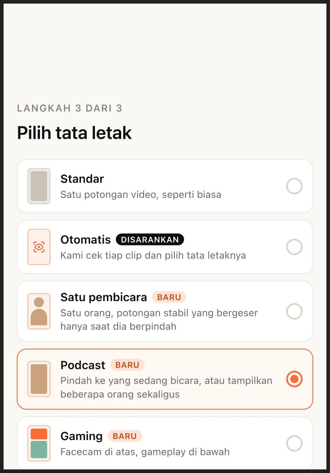 Pemilih tata letak dengan Podcast terpilih, dan opsi jumlah orang serta gaya di bawahnya